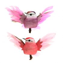 Oiseaux décoratifs sur clip rose/mauve 9 cm 8 p.
