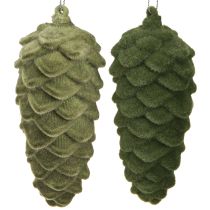 Article Suspension décorative en forme de cône, pommes de pin vertes floquées, 11,5 cm, 6 pièces