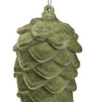 Article Suspension décorative en forme de cône, pommes de pin vertes floquées, 11,5 cm, 6 pièces
