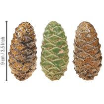 Article Pommes de pin décoratives en céramique, assorties vertes, jaunes et brunes, 8,5 cm, lot de 6