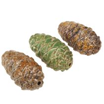 Article Pommes de pin décoratives en céramique, assorties vertes, jaunes et brunes, 8,5 cm, lot de 6