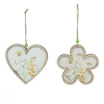 Article Pendentif décoratif en bois fleur coeur motif fleurs 12cm 6 pcs