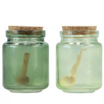 Article Verre décoratif avec couvercle en liège et cuillère vert Ø7cm H10cm 2pcs