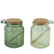 Article Verre décoratif avec couvercle en liège et cuillère vert Ø7cm H10cm 2pcs