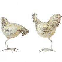 Article Poulets décoratifs or blanc coq poule vintage L13cm 2 pièces