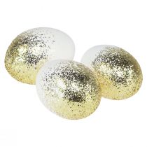 Article Oeufs de Pâques décoratifs véritable œuf d&#39;oie blanc avec paillettes dorées H7,5–8,5 cm 10pcs