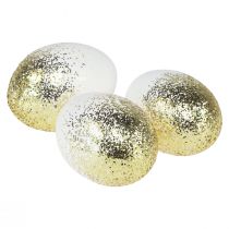 Article Oeufs de Pâques décoratifs véritable œuf d&#39;oie blanc avec paillettes dorées H7,5–8,5 cm 10 pièces