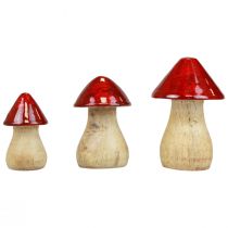 Champignons décoratifs champignons en bois rouge brillant décoration d&#39;automne H6/8/10cm lot de 3