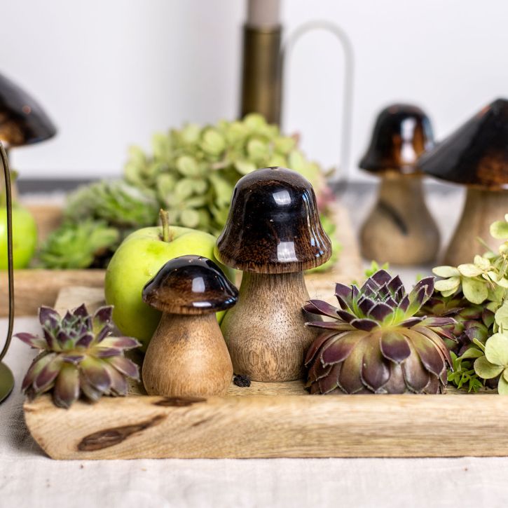 Article Champignons décoratifs champignons en bois marron effet brillant décoration d&#39;automne H6/8/10cm
