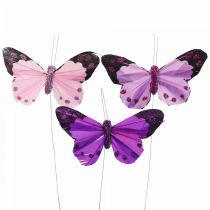 Papillon déco sur fil de plume papillons violet/rose 9.5cm 12pcs