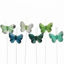 Papillon déco sur fil vert, bleu 5-6cm 24p