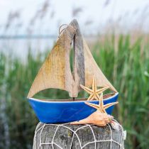 Déco voilier en bois de manguier, bateau en bois bleu H27,5cm