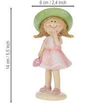 Article Figurines décoratives fille avec chapeau vert et robe rose 6,5 x 5,5 x 14,5 cm - Lot de 2