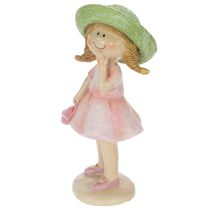 Article Figurines décoratives fille avec chapeau vert et robe rose 6,5 x 5,5 x 14,5 cm - Lot de 2