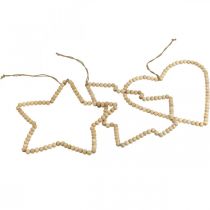 Suspension déco Noël perles en bois coeur arbre étoile H20cm 3pcs