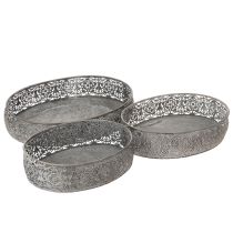 Article Set de 3 Coupelles Décoratives en Métal, Motif Floral, Argenté et Blanc, 25,5/29/34,5 cm