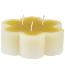 Bougie trois mèches bougie fleur décorative jaune blanc Ø11,5cm H4cm