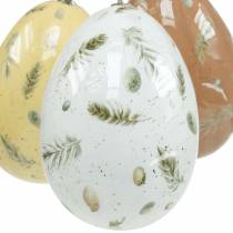 Oeufs de Pâques à suspendre avec motif oeufs et plumes blanc, marron, jaune assortis 3pcs