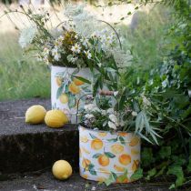 Pot en métal vert-jaune, décoration estivale, seau avec anse, motif citron méditerranéen L28/22,5/cm H23/18/15cm