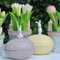 Lapin sur oeuf, oeuf déco à remplir, Pâques, boite déco jaune, violet H17/16cm L15cm lot de 2