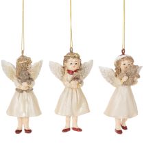 Article Ensemble de 3 décorations suspendues anges en polyrésine - 10 cm - Beige, blanc et rouge