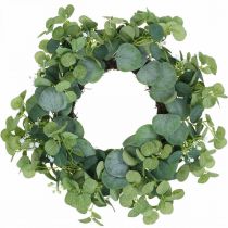 Couronne décorative eucalyptus vert fleurs blanches artificielles Ø45cm