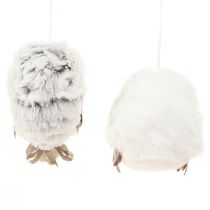 Article Figurines décoratives chouettes suspendues 6 cm blanc et gris avec plumes, set de 2