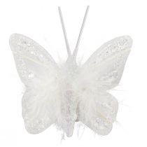 Article Plumes papillons sur clip blanc pailleté 5x4,5cm 4 pcs
