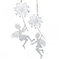 Fée au pissenlit, décoration printanière à suspendre, pendentif métal blanc, argent H25,5/27,5cm 4pcs