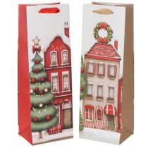 Article Sachet Cadeau Bouteille Motifs Noël Maison Sapin 36cm Lot de 2