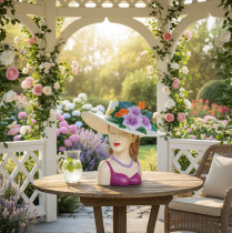 Article Vase décoratif représentant une femme coiffée d'un chapeau, avec des fleurs, pour l'intérieur et l'extérieur, 20 cm.