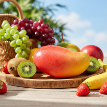 Article Mangue artificielle rouge, jaune, factice alimentaire réaliste 15cm