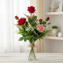 Article Branche de rose fleur artificielle en soie rose rouge 72cm