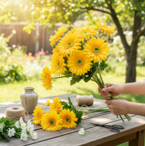 Article Fleurs artificielles Gerbera soleil jaune fleur de jardin 47cm