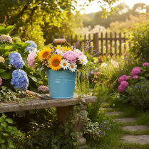 Article Seau décoratif, métal, anse en bois, pot de fleurs, bleu, 16 cm de haut, lot de 2