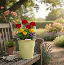 Article Seau/pot de fleurs en métal jaune verdâtre, 26 x 22,5 x 23 cm, 6 l
