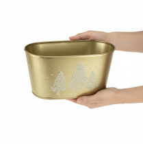 Article Cache-pot ovale en métal doré avec motif sapins 24×13×12,5 cm