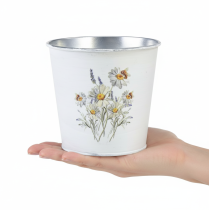 Article Cache-pot en métal blanc motif marguerites et lavande Ø12,5cm H11,5cm