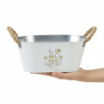 Article Bol décoratif ovale en métal blanc à décor floral naturel, L26cm