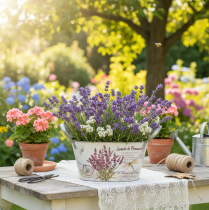 Article Coupe à fleurs ovale en métal avec anses, lavande, 26×13×14,5 cm