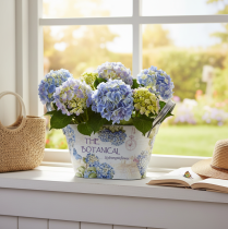 Article Coupe à fleurs avec anses, motif hortensia, métal, 26 × 13 × 14,5 cm