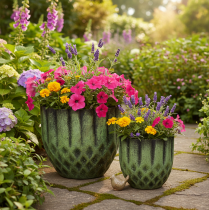 Article Pot de fleurs vintage en métal, vert, Ø 14/12 cm, lot de 2