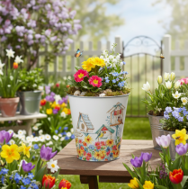 Article Pot décoratif en métal avec motif de nichoirs et fleurs - H14,5 cm Ø13,5 cm
