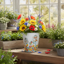 Article Pot en métal décoré, jardinière avec nichoirs, seau en fer-blanc H13cm Ø11,5cm