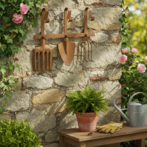 Article Barre à crochets pour outils de jardin, décorations de jardin, râteau, bêche et houe ; porte-manteau en métal rouillé, L33,5 cm