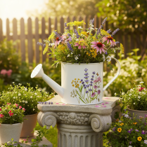 Article Arrosoir en métal blanc à motif floral, 13,5 cm, pot décoratif