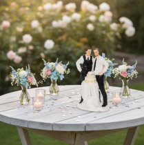 Article Figurine pour gâteau représentant un couple d'hommes avec un gâteau, 16,5 cm