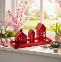 Article Set de Photophores Maisons en Métal Rouge sur Plateau 35 cm