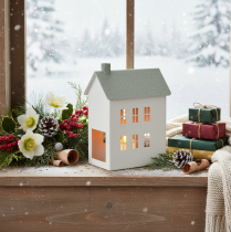 Article Maison décorative en métal avec fenêtres et cheminée 22 cm