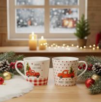 Article Tasse de Noël en céramique avec voiture et sapin motifs rouges et blancs 10 cm set de 2